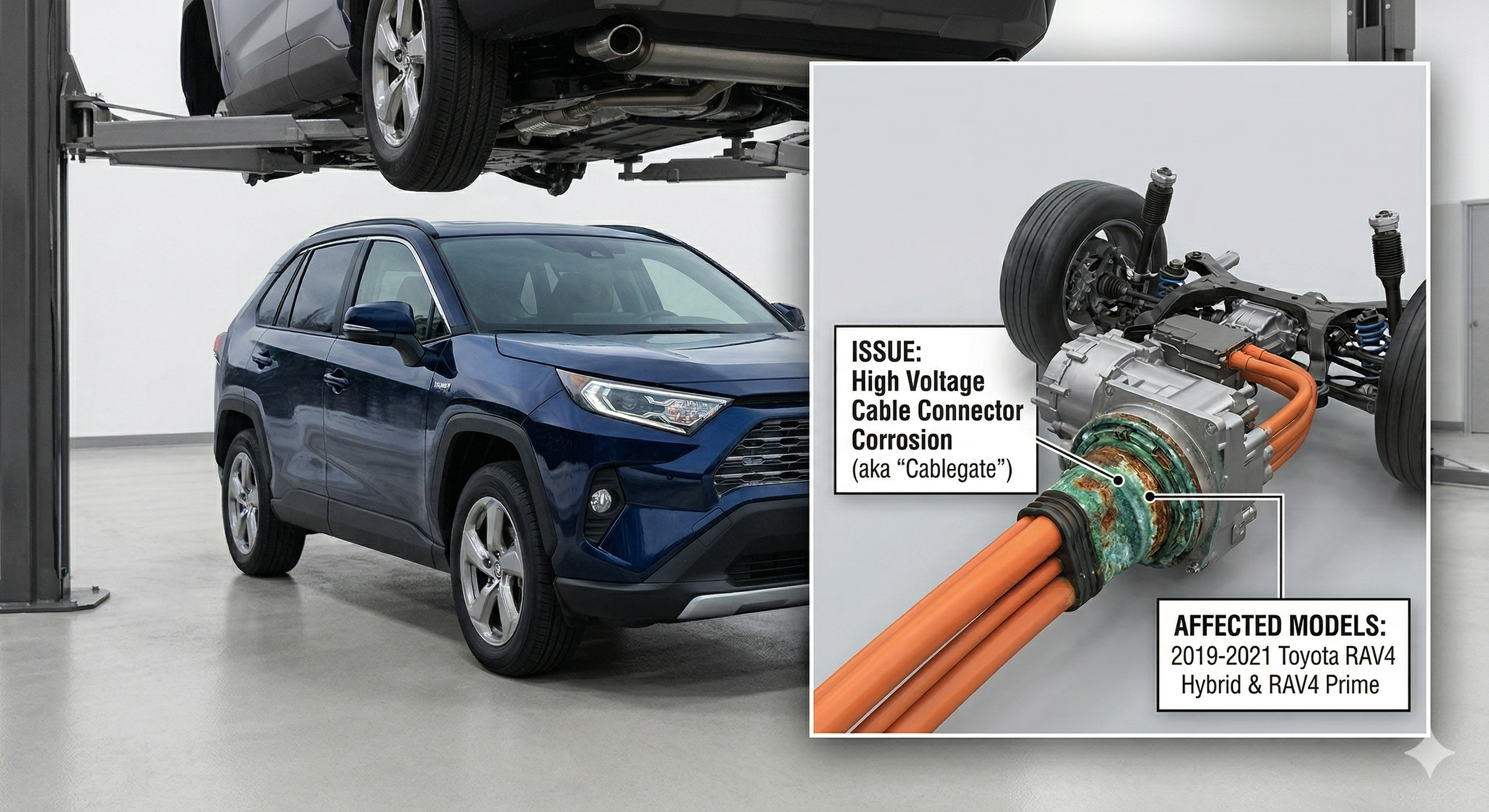 A Toyota RAV4 Hybrid on a mechanic lift with an inset diagram showing high voltage cable connector corrosion. Text overlay highlights the issue and lists affected models as 2019-2021 Toyota RAV4 Hybrid and RAV4 Prime.