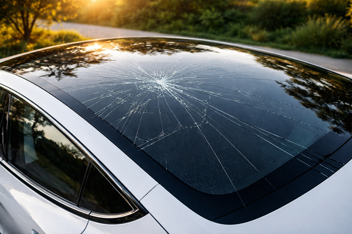 Close-up of a white Tesla with a panoramic glass roof showing a spiderweb-style crack under sunlight, highlighting potential glass roof damage.