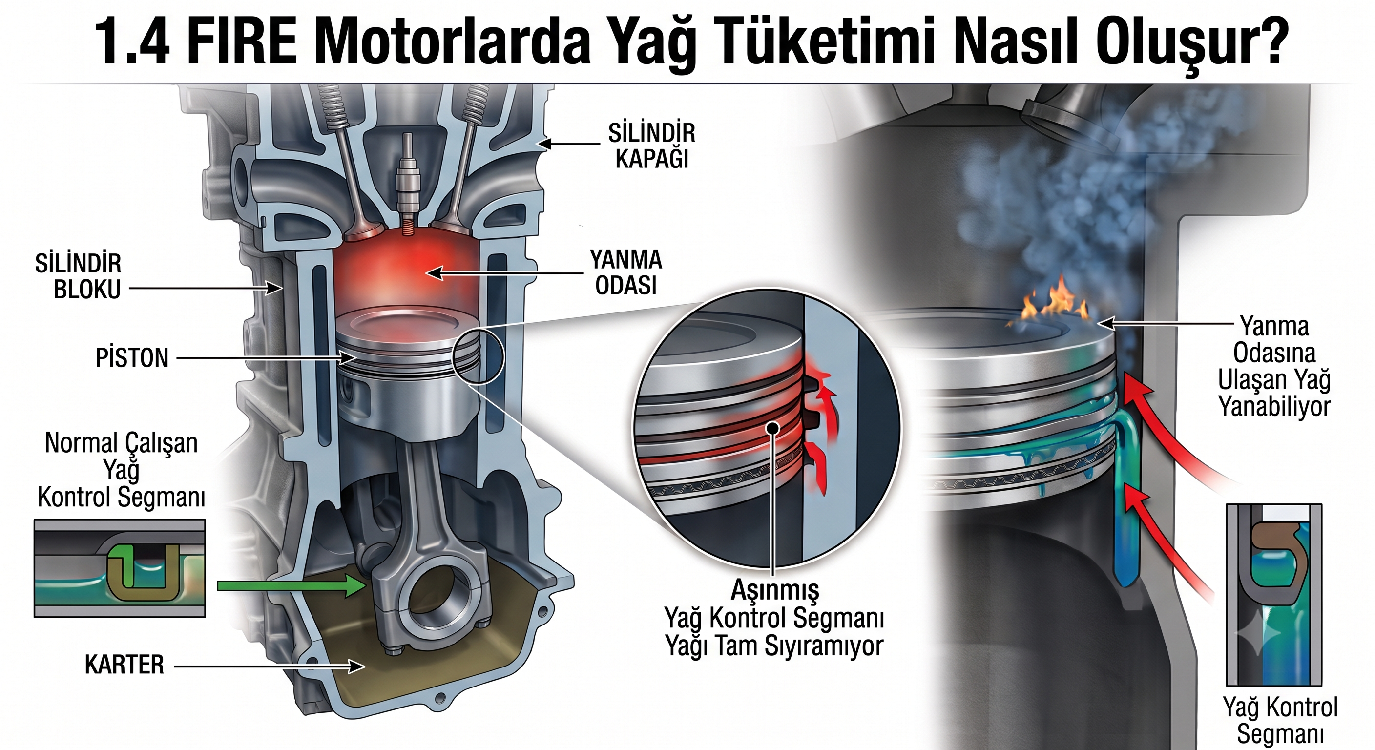 Fiat 1.4 FIRE motorlarda yağ kontrol segmanının yağı tam sıyıramaması sonucu oluşabilecek yağ tüketimini gösteren şematik çizim.