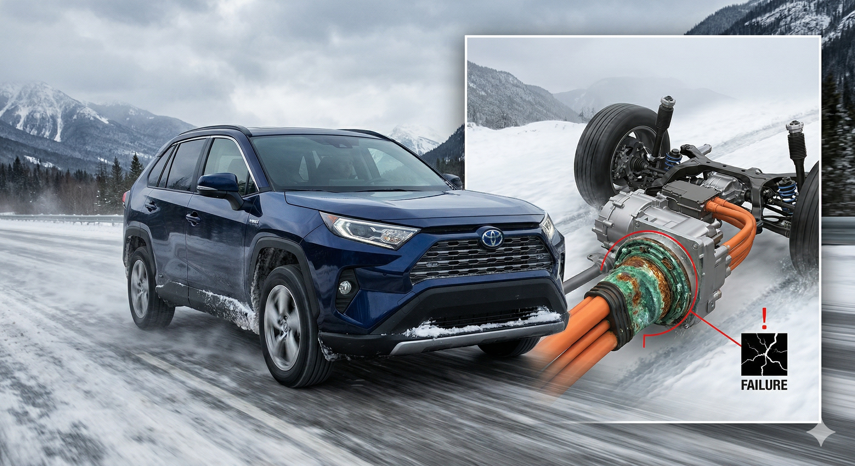 A detailed technical diagram showing severe corrosion and green oxidation on the high voltage cable connector of a Toyota RAV4 Hybrid. Red lines point to the damage, labeled 'FAILURE', illustrating the 'Cablegate' problem.