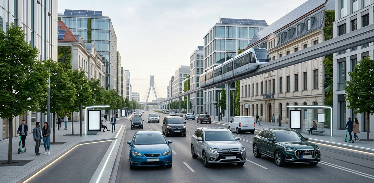 A modern European city street with various cars including