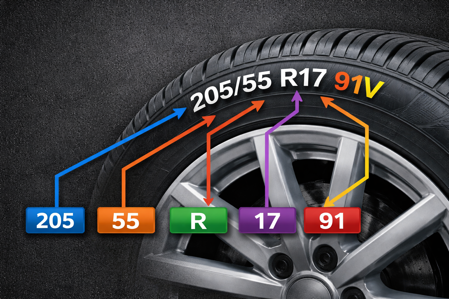 Tire size description with detailed image.