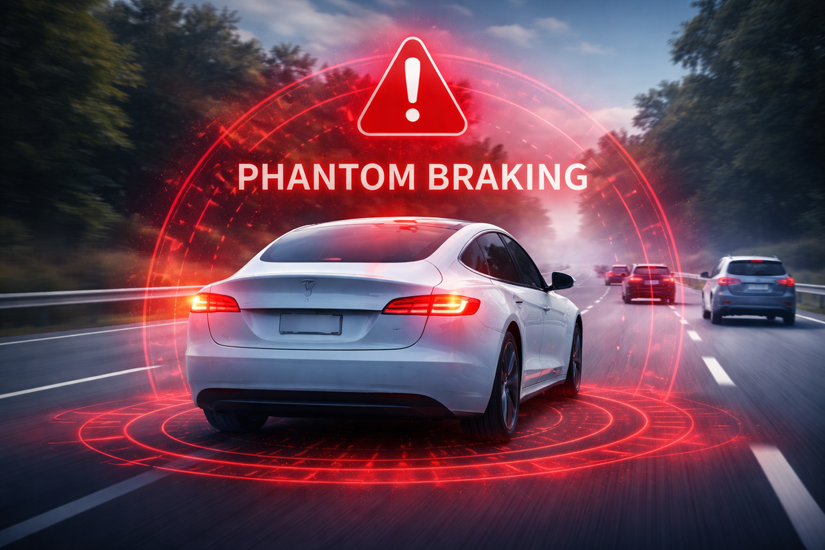 Otoyolda ilerleyen beyaz bir elektrikli aracın ani fren yaptığı an, arka fren lambaları yanarken çevresinde kırmızı sensör algılama efektleri bulunan sürücü destek sistemi