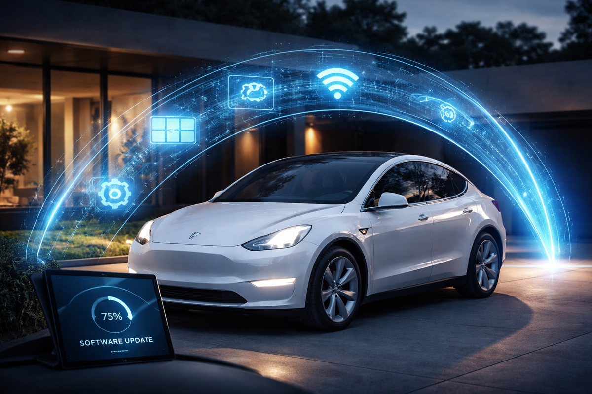 A white Tesla Model Y parked in front of a modern house receives a wireless OTA (Over-the-Air) software update at night; a blue digital data stream representing Wi-Fi, battery, and autonomous driving icons is visualized around the vehicle.