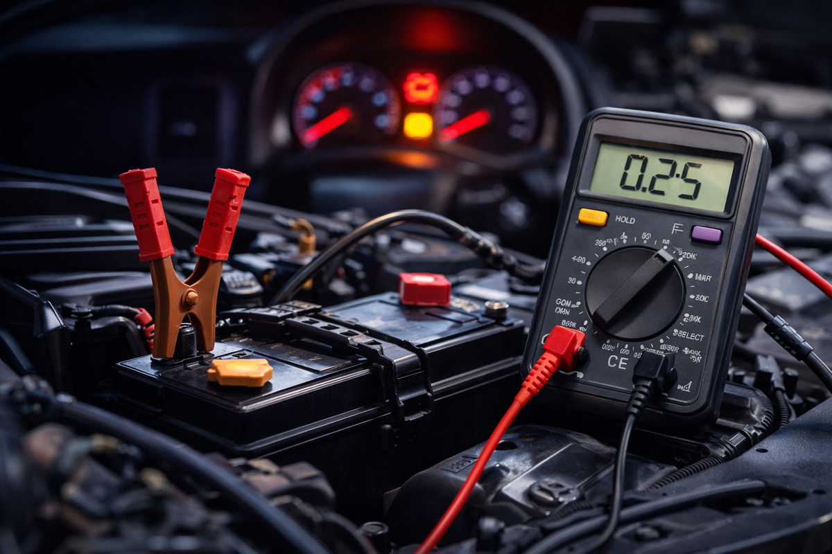 Araç bataryası ve multimetre detayı