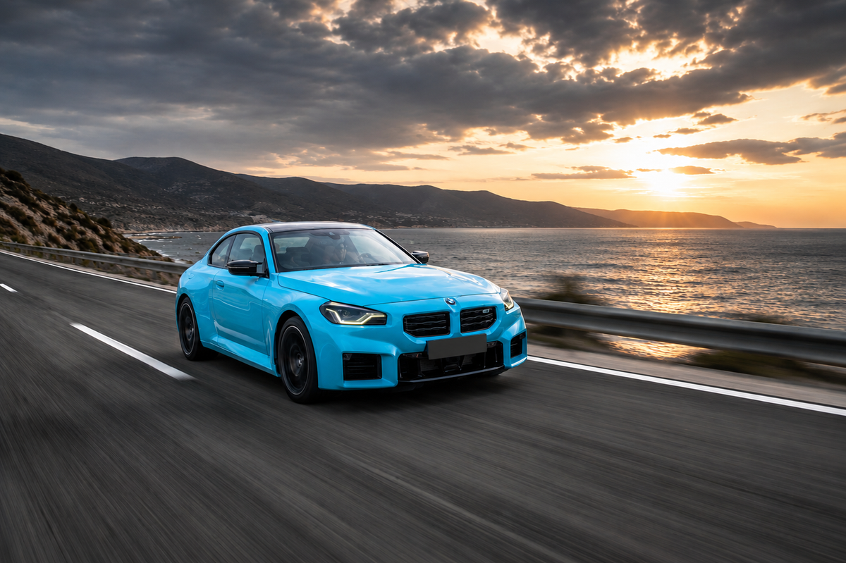 BMW coupe coastal drive at sunset