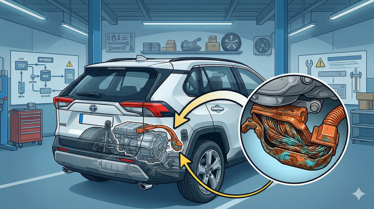 A modern photograph of a Toyota RAV4 Hybrid driving on snowy North American roads. An overlay visualizes the heavily corroded orange high voltage cable connector on the rear electric motor, illustrating the RAV4 Cablegate problem.
