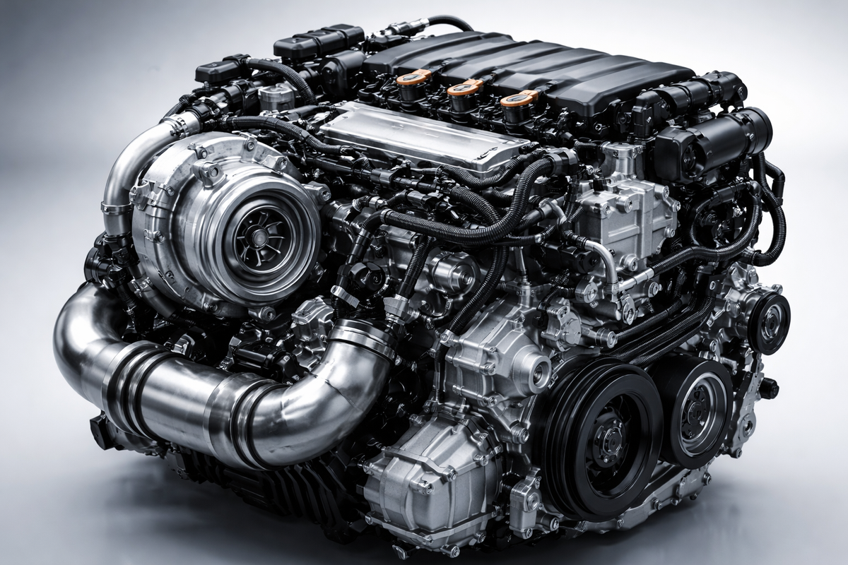 Modern car engine close-up with metallic components, turbocharger detail visible, clean studio lighting, futuristic automotive technology, no text, high resolution, global style