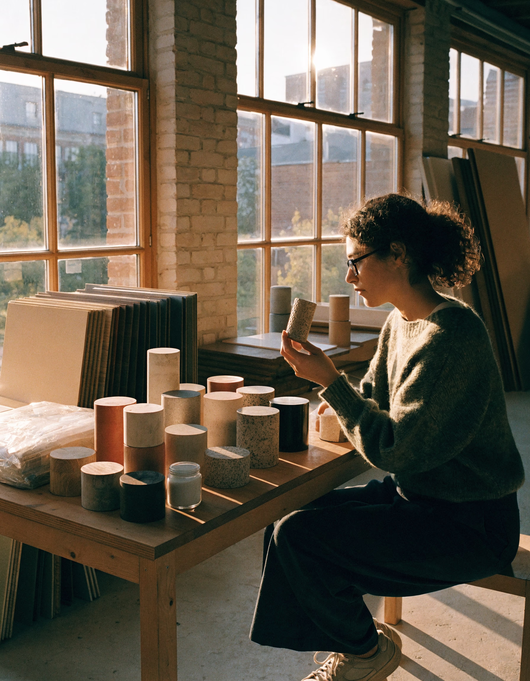 Elena Vassallo examining a detailed physical model of a concrete and timber junction in the workshop.