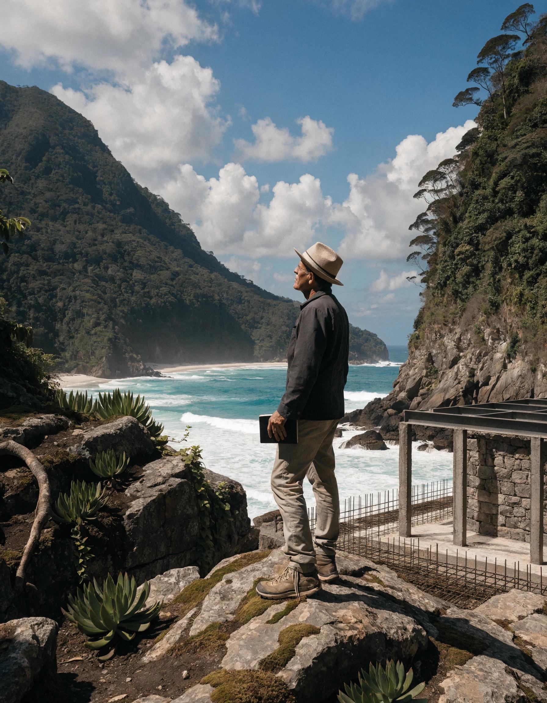 Mateo Fischer standing on a rugged, coastal construction site, holding a field notebook.