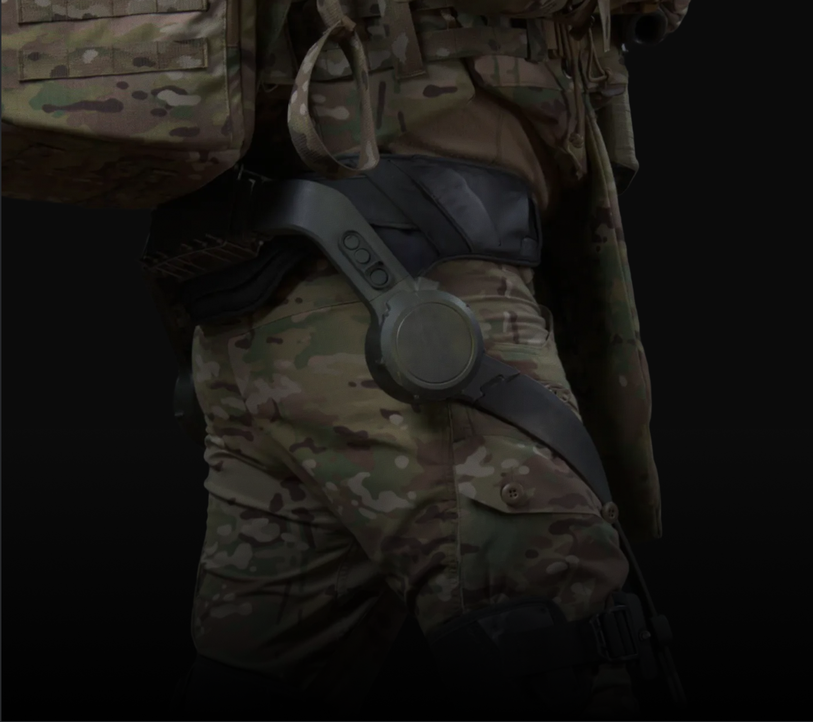 Powered actuators driving the leg of an Edgerun exoskeleton mid-stride