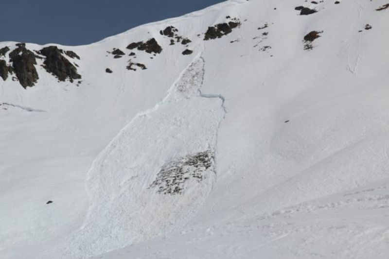 Mokra lawina deskowa spowodowana samoczynnym zejściem mokrej lawiny z luźnego śniegu.