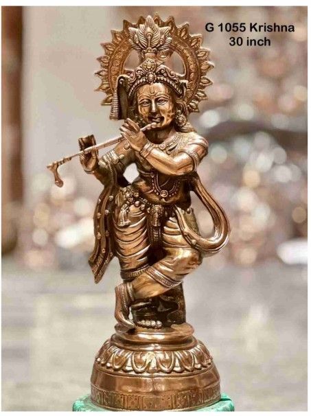 Cow Krishna Solid Statue – 20 Inch Antique Finish Detail View 1