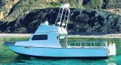 Light-blue Anderson 26 with flybridge tower at anchor in clear turquoise water