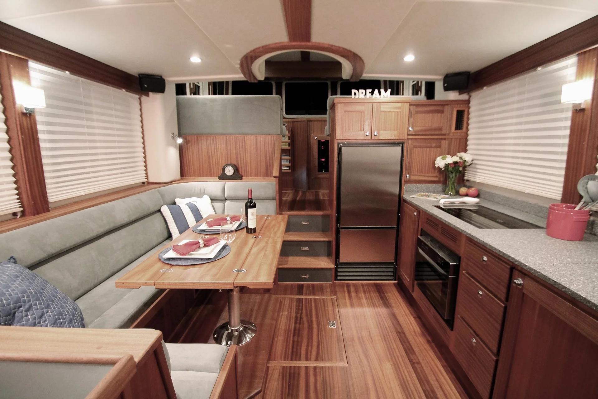 American Tug 395 saloon and galley with sapele joinery