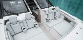 Aquila 42 Coupe bow seating with headrests, seen from the helm