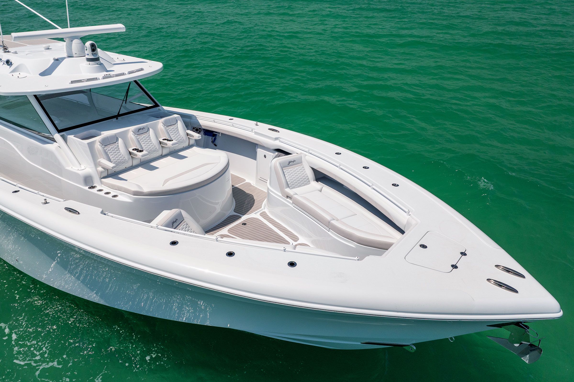Aerial view of the Yellowfin 54 Offshore bow and forward seating