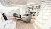 Westport 135 covered aft deck lounge with woven armchairs and stairway