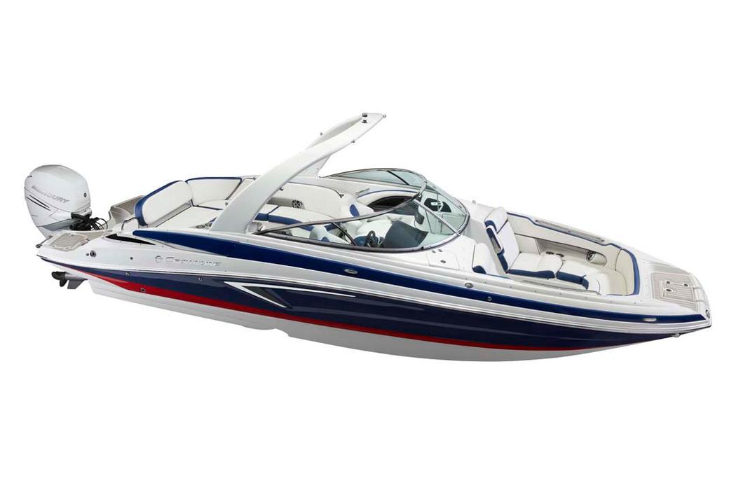 Crownline E290 XS outboard bowrider with wakeboard tower, bow-quarter studio view