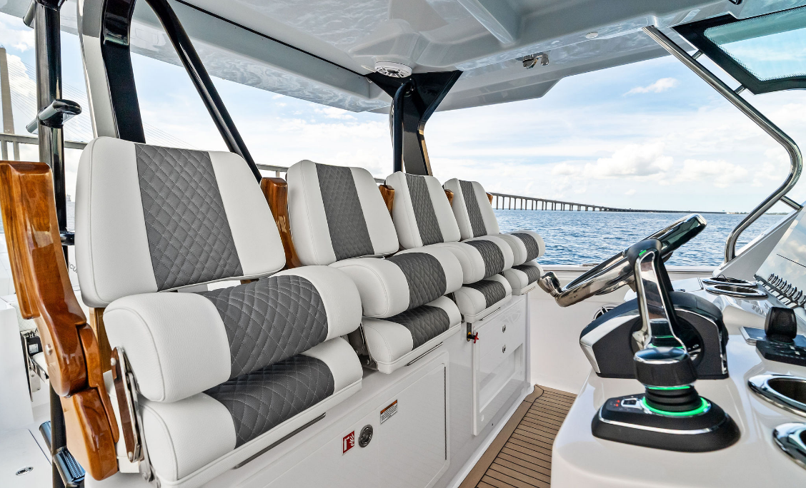 Bertram 39CC helm with quilted seating and joystick control