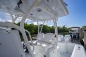 Leaning post and cockpit of the Yellowfin 32 Offshore under the hardtop