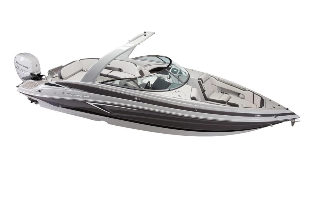 Crownline 280 XSS outboard bowrider with fold-down arch, bow-quarter studio view