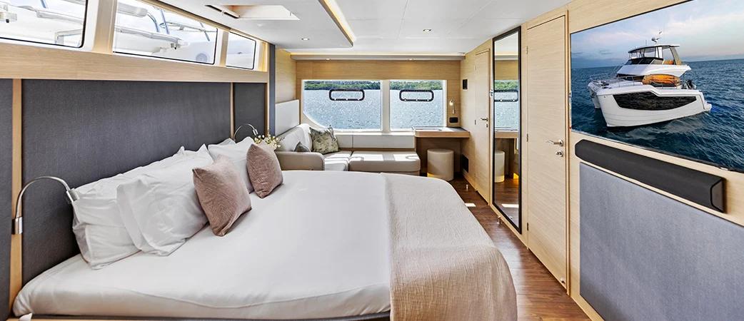 Aquila 50 Yacht full-beam master cabin with king-size bed
