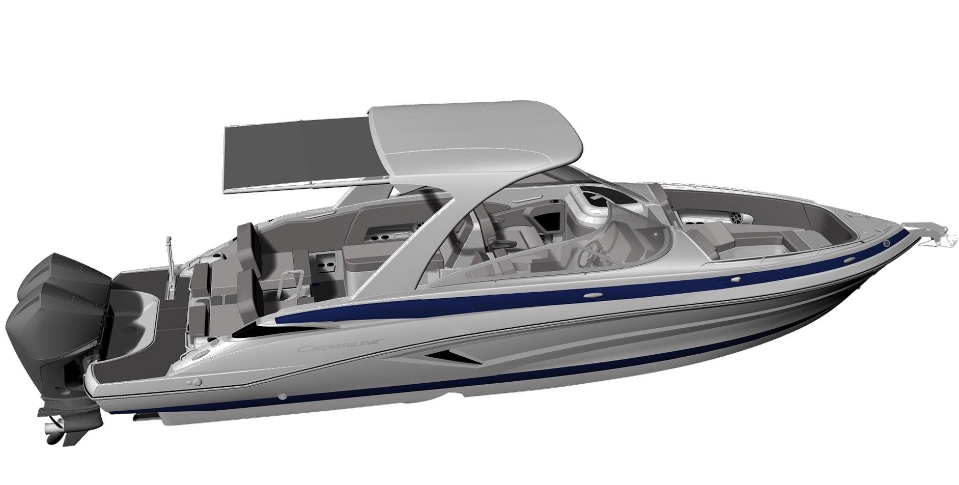 Crownline 310 XSS outboard bowrider with twin outboards and hard top, stern-quarter studio view