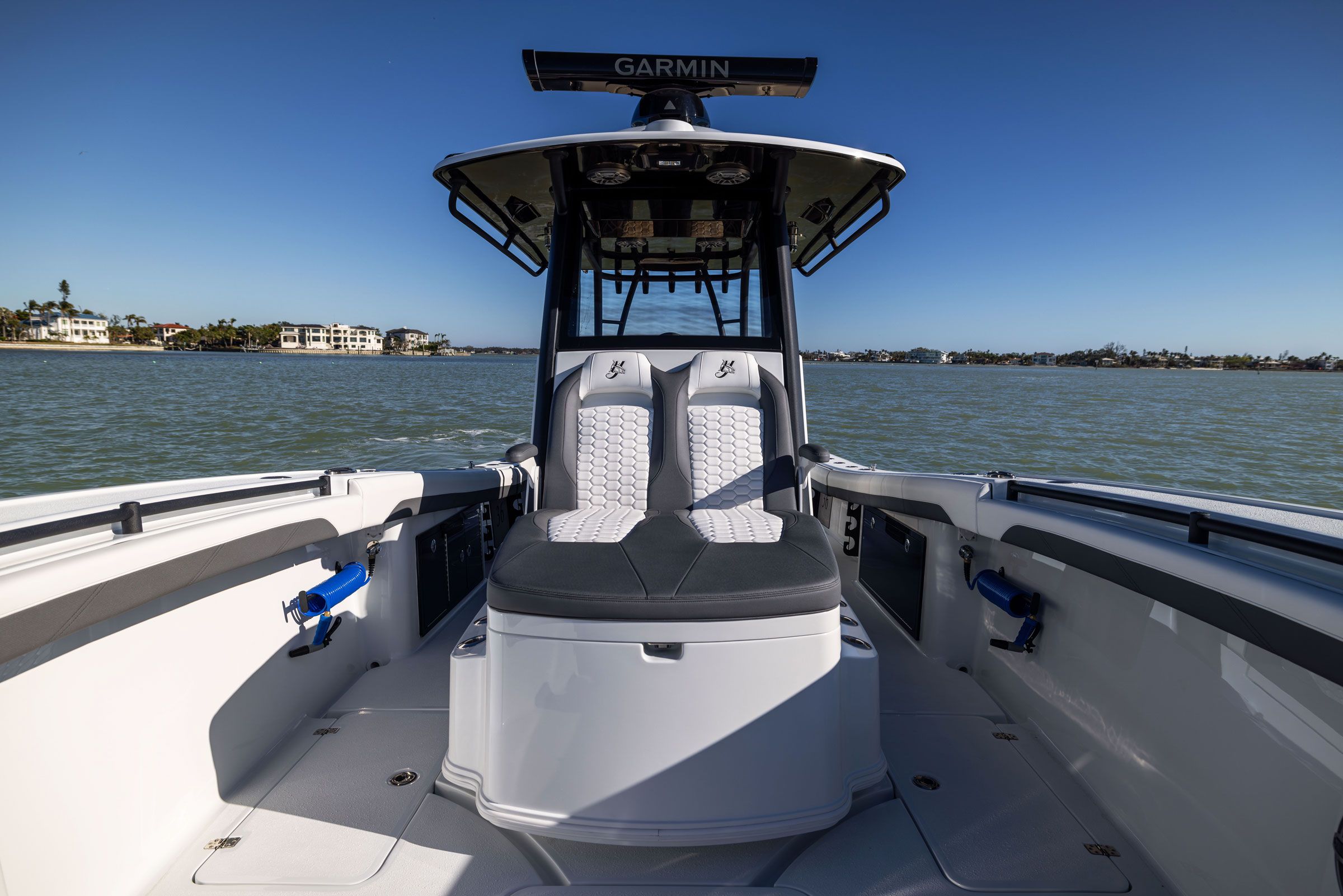 Helm console and hardtop of the Yellowfin 36 Offshore seen from the bow