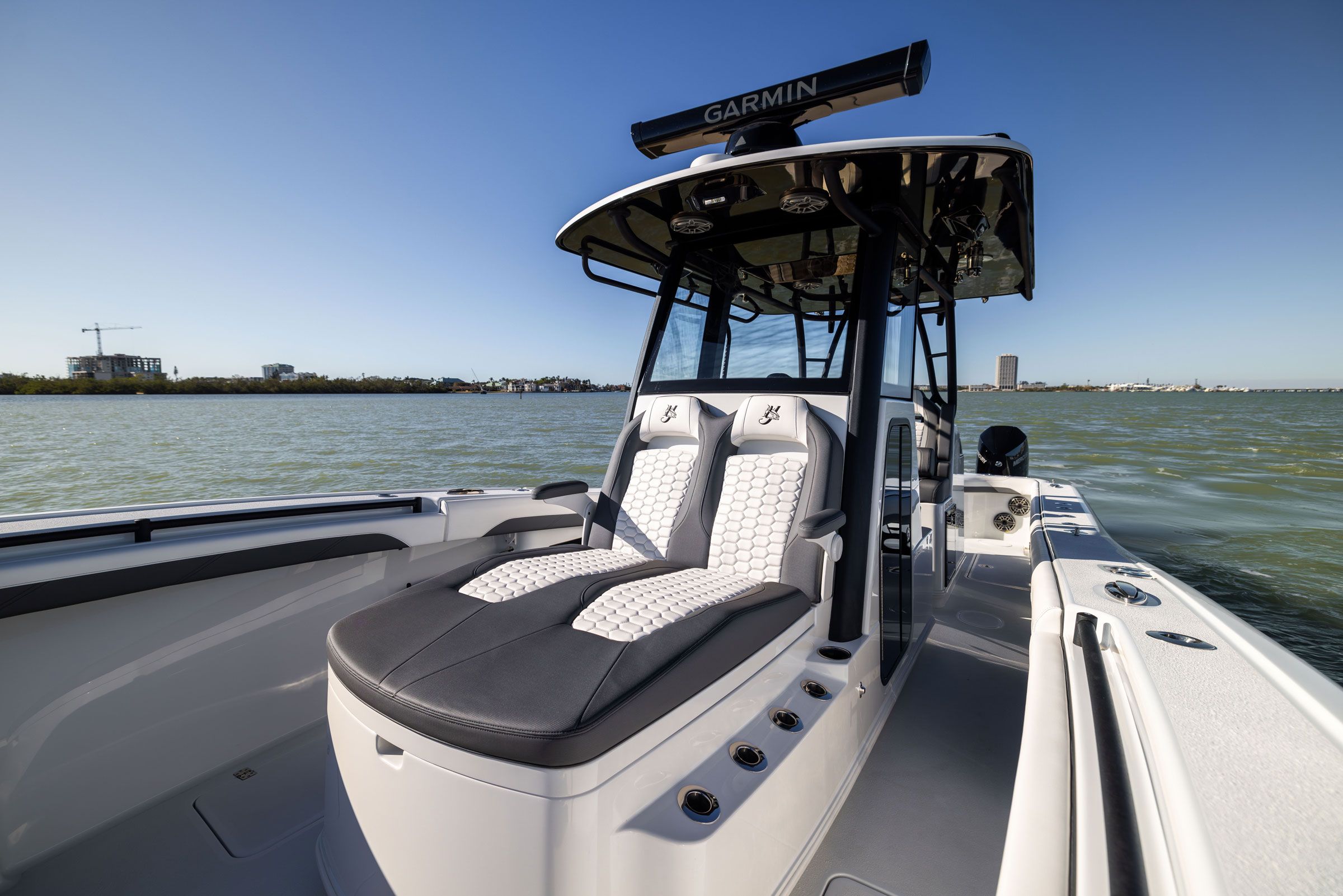 Forward lounger seating on the bow of the Yellowfin 36 Offshore