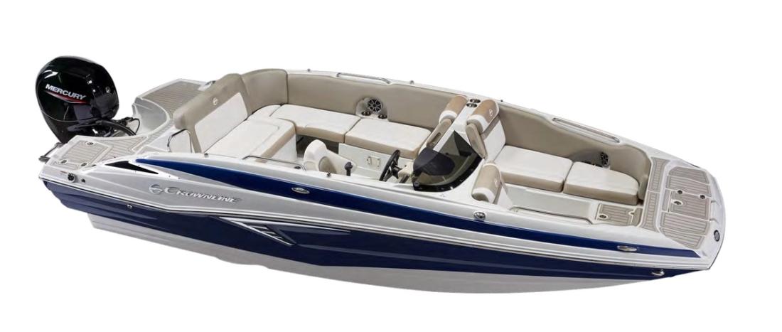 Crownline E210 XS outboard deck boat, bow-quarter studio view