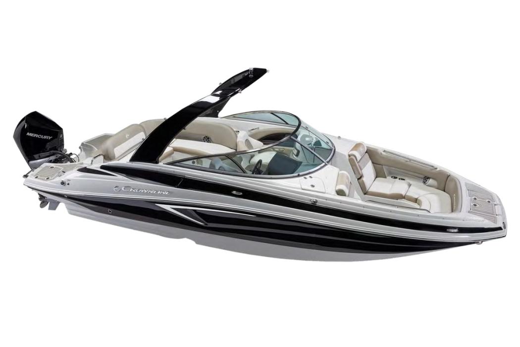 Crownline E260 XS outboard bowrider with wakeboard tower, bow-quarter studio view