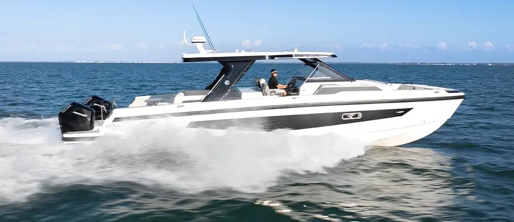 Aquila 45 Sport centre-console power catamaran running at speed