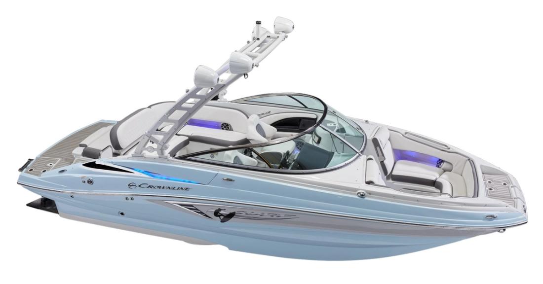 Crownline E235 Surf bowrider with wakeboard tower, bow-quarter studio view