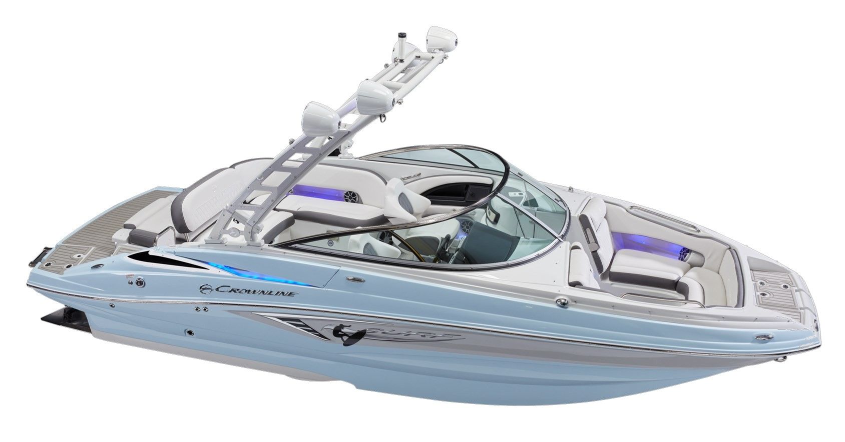 Crownline E235 Surf bowrider with wakeboard tower, bow-quarter studio view