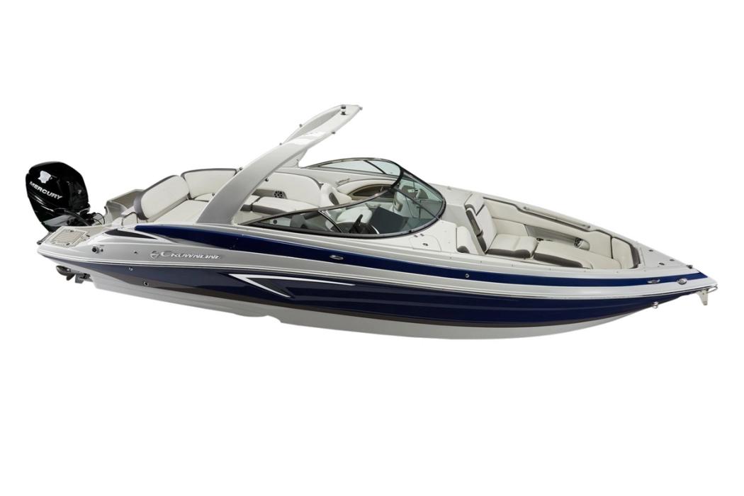 Crownline 290 XSS outboard bowrider with fold-down arch, bow-quarter studio view