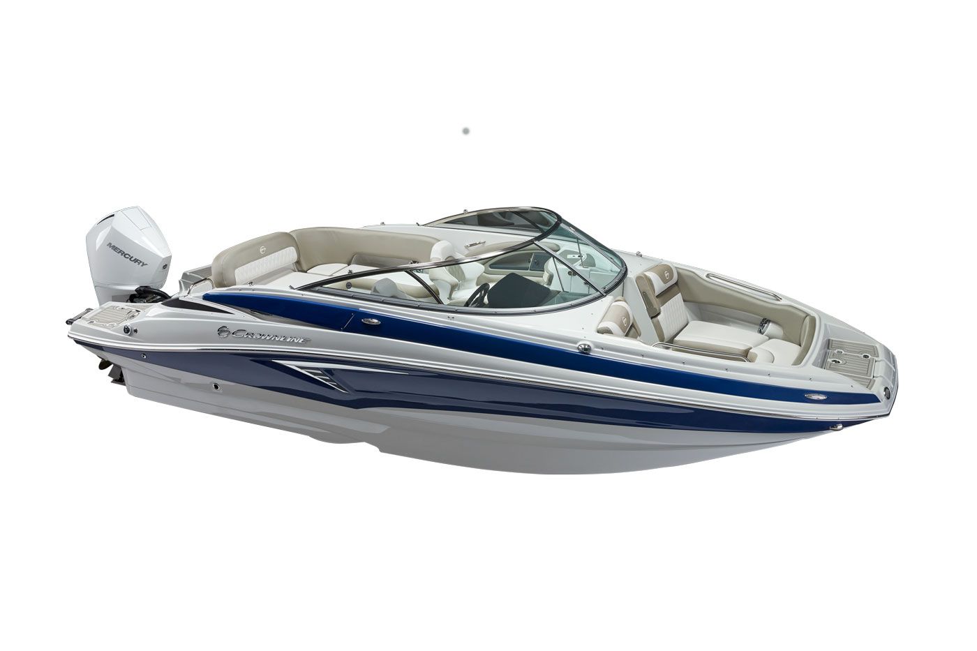 Crownline E240 XS outboard sport deck boat, bow-quarter studio view