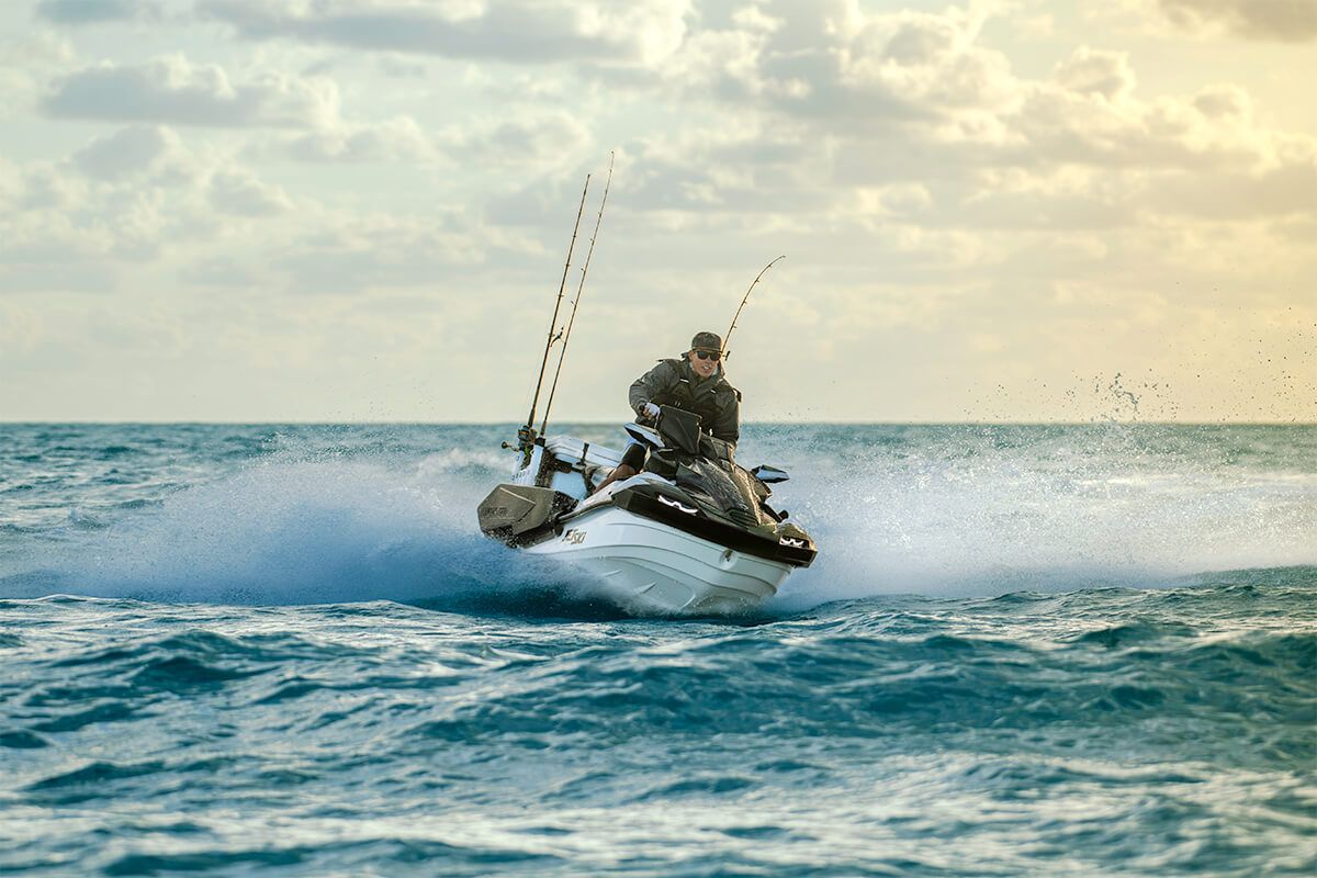 Kawasaki Jet Ski Ultra 160LX-S Angler underway, three-quarter front view