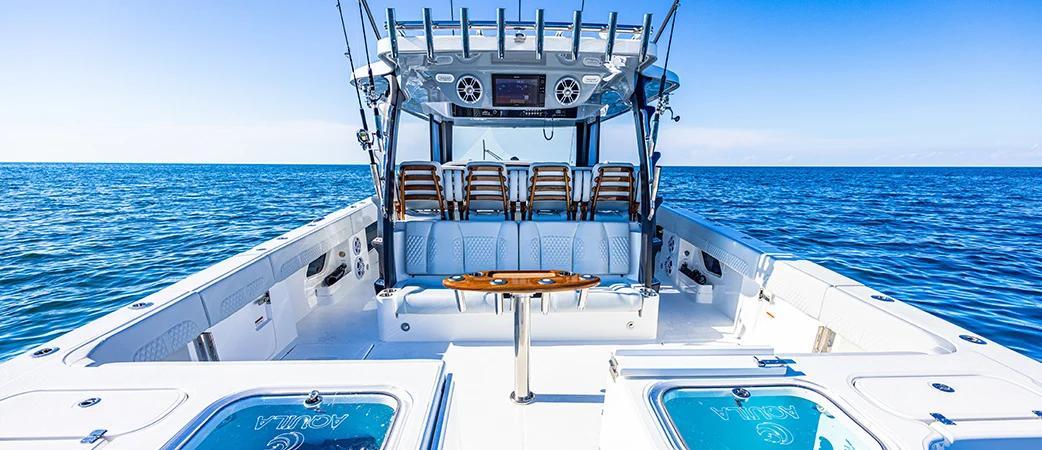 Aquila 47 Molokai bow view showing the forward deck and console