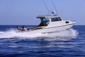 White Anderson 31 sport boat with hardtop cruising at speed on deep blue water