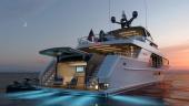 Westport 135 aft beach club with lowered transom platform at dusk (rendering)