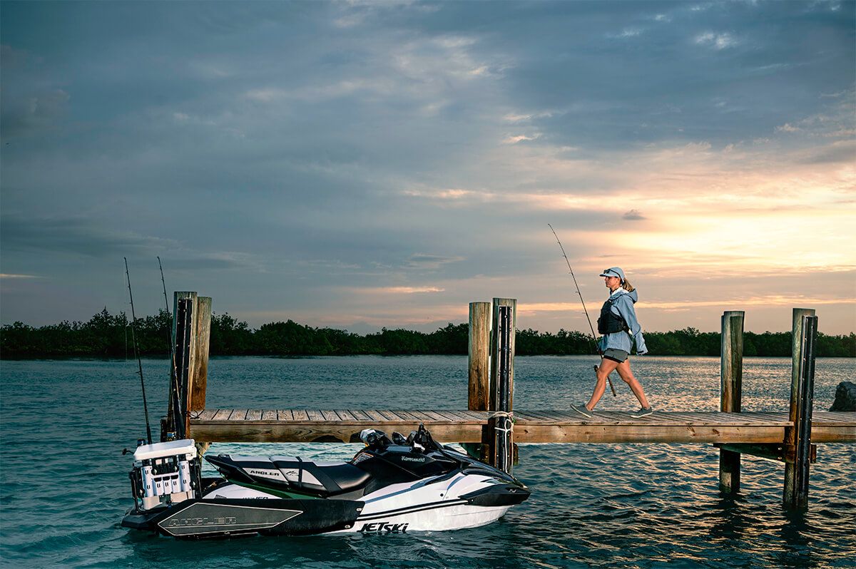 Kawasaki Jet Ski Ultra 160LX-S Angler moored at a dock