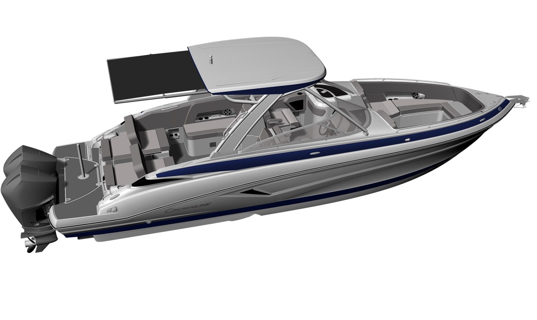 Crownline 330 XSS outboard bowrider with hard top, bow-quarter studio view