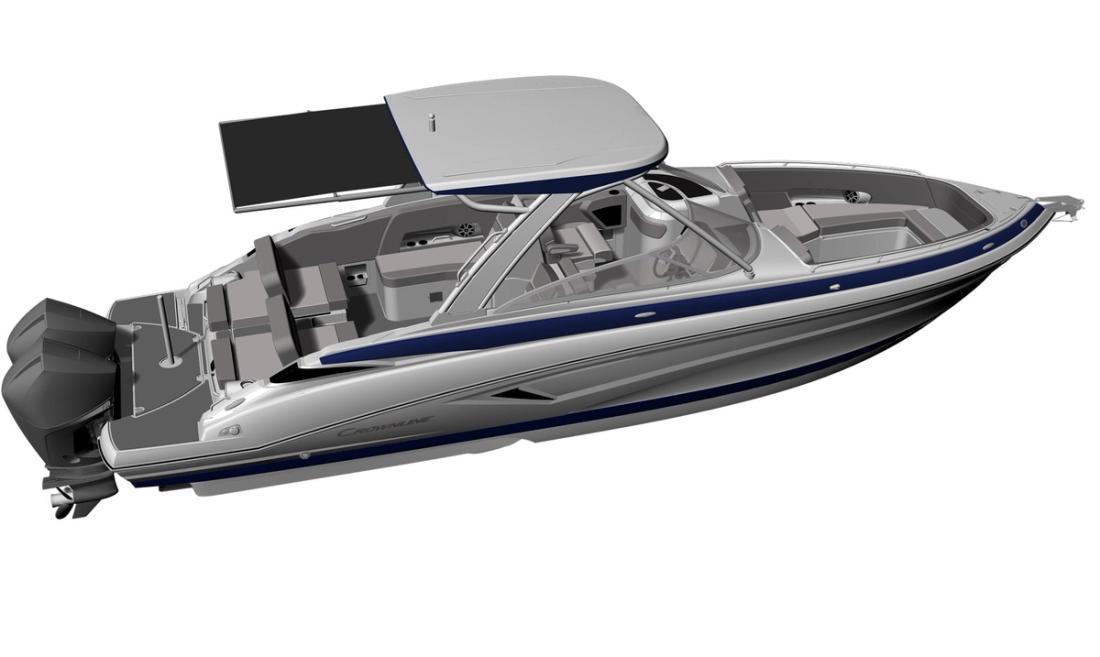 Crownline 330 XSS outboard bowrider with hard top, bow-quarter studio view