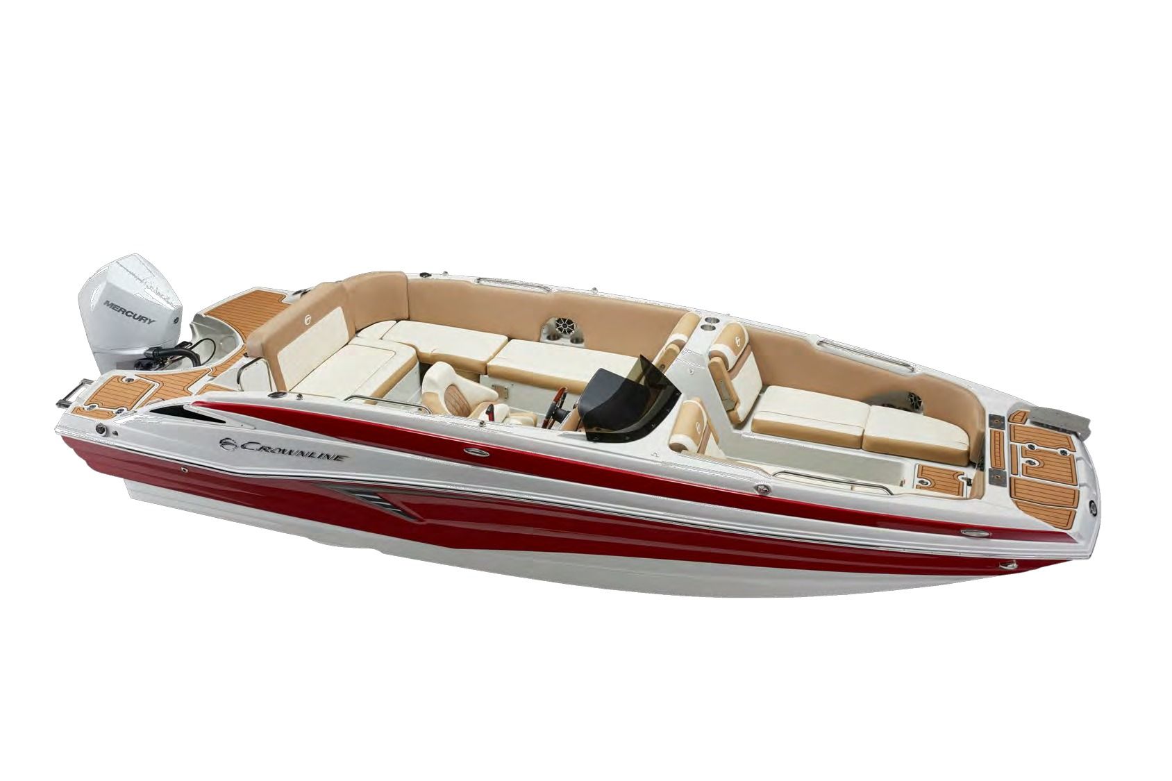 Crownline E230 XS outboard deck boat, bow-quarter studio view