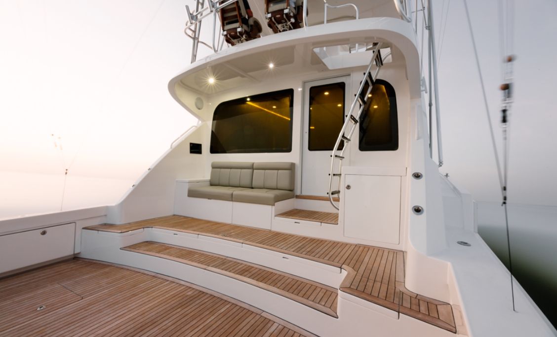 Bertram 61 Convertible cockpit with mezzanine lounge and teak deck