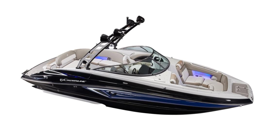Crownline E275 Surf bowrider with wakeboard tower, bow-quarter studio view