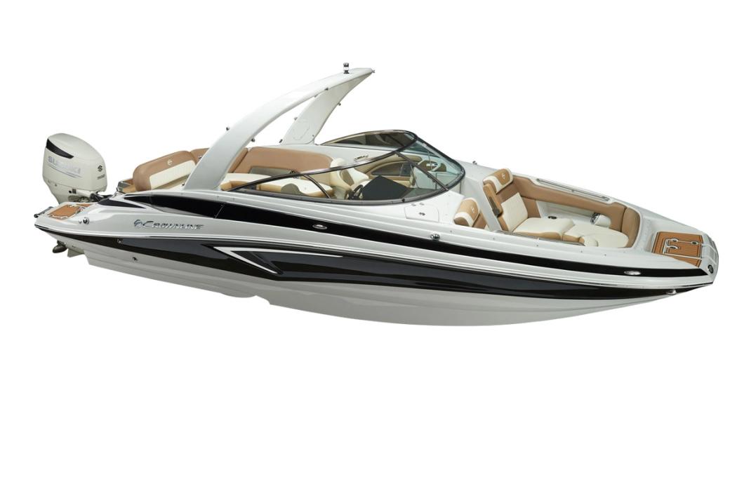 Crownline E280 XS outboard bowrider with optional arch, bow-quarter studio view