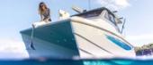 Aquila 28 Molokai Cuddy bow view showing the twin hulls
