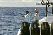 Anglers fishing from the stern of the Yellowfin 39 Offshore beside its outboards